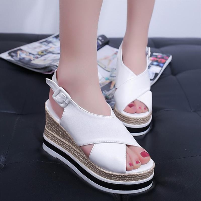 Summer Shoes Ladies Wedge Peep Toe Sandals 2021 New Platform Height Increasing Leather Non Slip Sole Women Fashion Casual Sandal