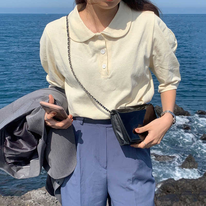 Korejpaa Women T-shirt Korea Chic Summer Gentle Little Turntring Three Buckle Loose Casual Bubble Sleeve Top Pullover 210526