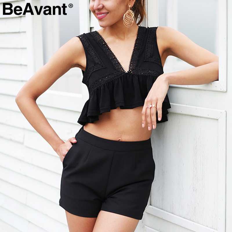 BeAvant Sexy v neck backless tank top women Ruffle short lace shirt camisole tank Summer sweat streetwear casual crop top 210709