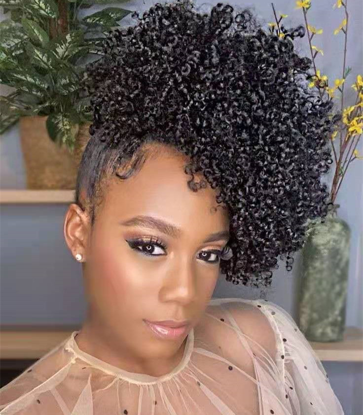 Side or low part afro kinky curly ponytail hairpiece jet puff coily curly drawstring human hair ponytail for black women color 1