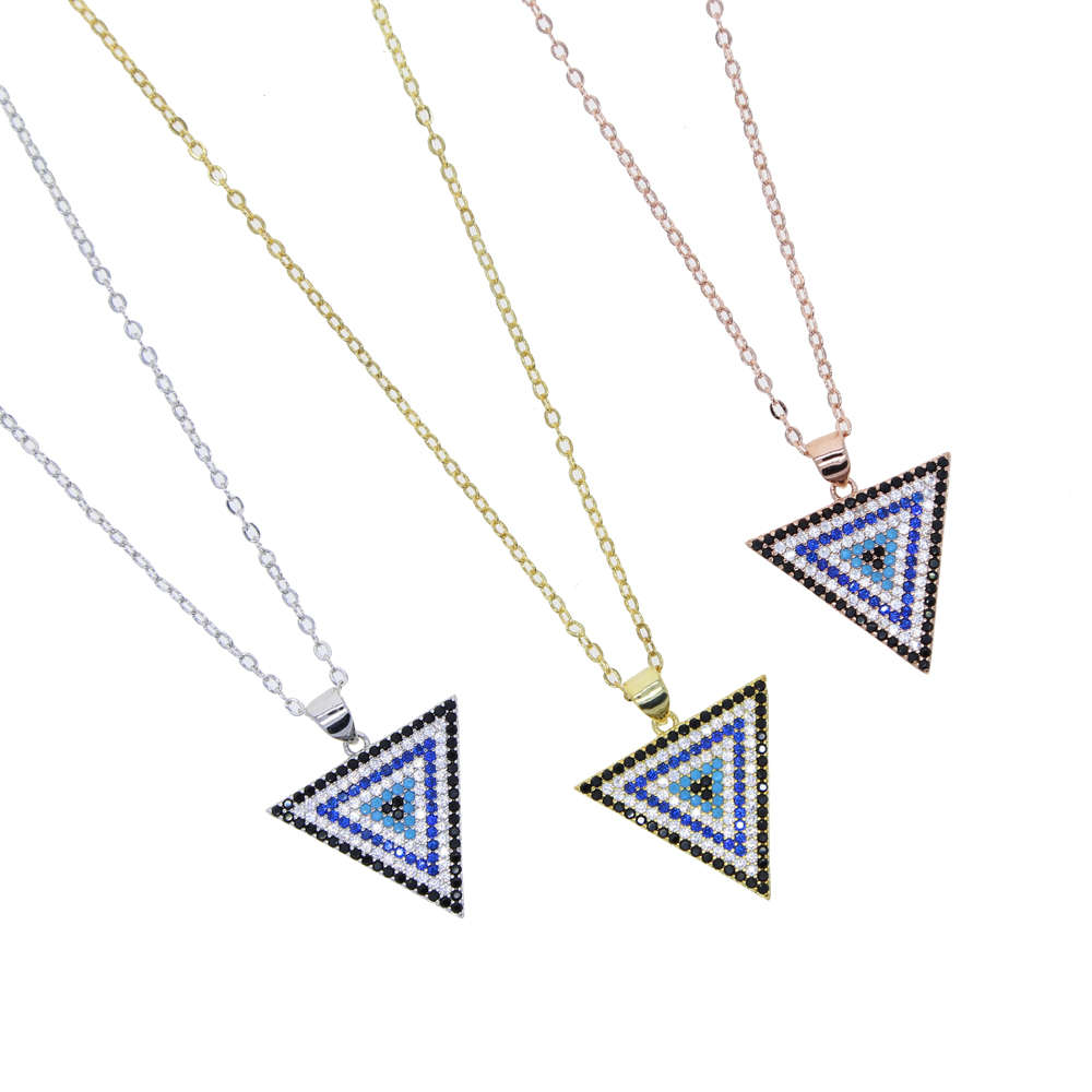 Promotion Fashion Women Jewelry Geometric Triangle Pendant Full Colorful CZ Paved Necklace 3 Colors