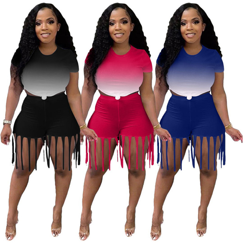 Women Tracksuits Tassel Short Sleeve 2 Piece Sets T-shirts+Shorts Summer Jogging Suit Gradient Color Outfits Stretchy Sportswear Running Clothing 5166, Blue
Women Tracksuits Tassel Short Sleeve 2 Piece Sets T-shirts+Shorts Summer Jogging Suit Gradient Color Outfits Stretchy Sportswear Running Clothing 5166, Blue