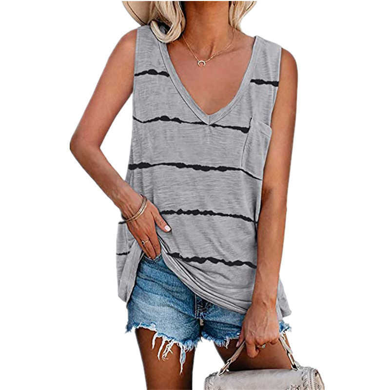 Black Striped Tank Tops for Women Summer Sleeveless V-neck Pocket Pullover Top Khaki Loose Casual Women's Plus Size Clothing 5XL 210604