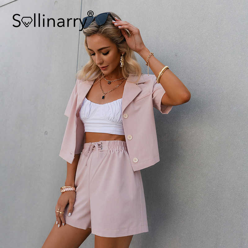 Sollinarry Two-piece suit collar short sleeve for women Pink tie belt shorts female sets Summer casual office ladies streetwear 210709
