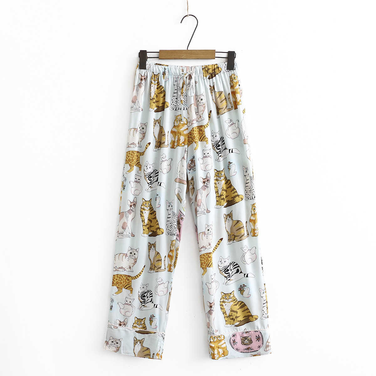 Pajamas Women Set Autumn Cute Cat Animal Print Home Clothes Cotton Silk Loose and Comfortable Ladies Dormir Pajamas 211007