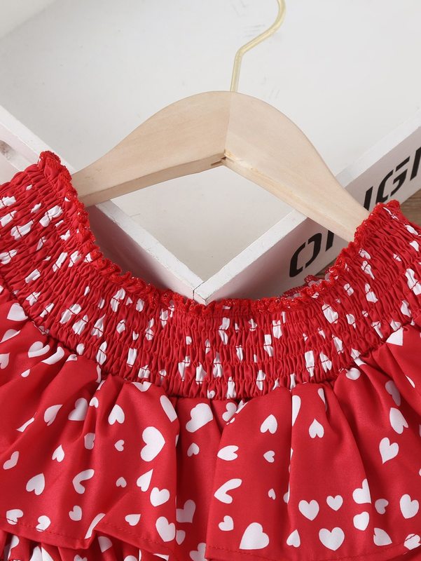 Toddler Girls Heart Print Shirred Ruffle Trim Dress With Hat SHE