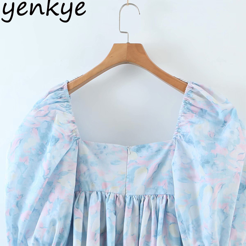 Elegant Women Floral Print Party Dress Sexy Puff Sleeve A-line Mini Square Neck Dress Spring Autumn Short Vestido 210309