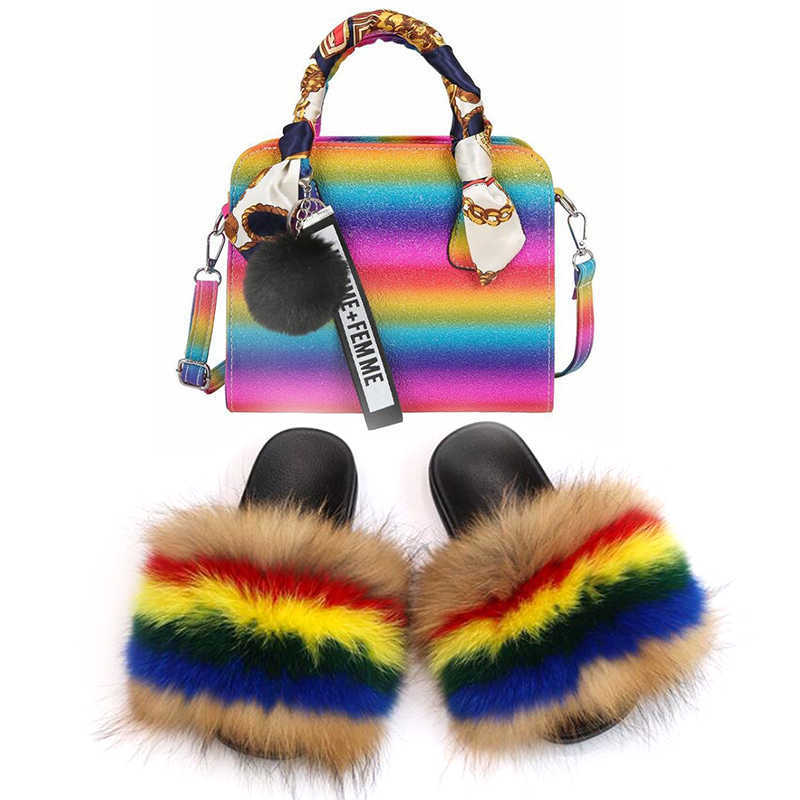 Women Shoes Real Fur Slides and Jelly Purse Set Exquisite Handbag ry Sandals Ladies Party Big with Bags 2107122