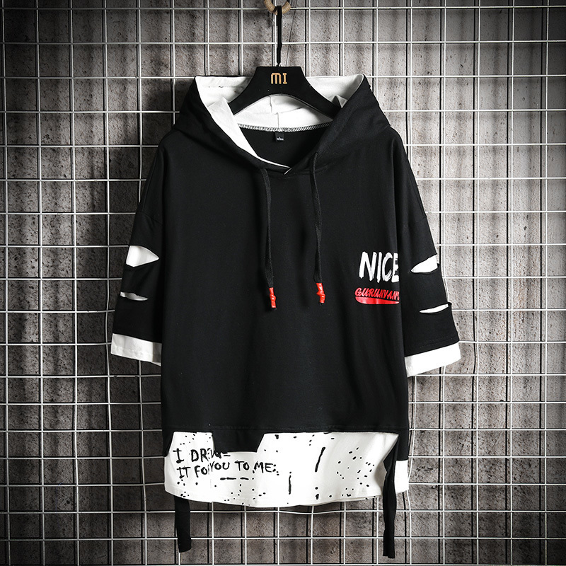 Men ribben hoodies Summer Male Fashion short sleeve hoodies Men s hoodies tshirt Color Splice hooded tshirt Street Style LJ201028