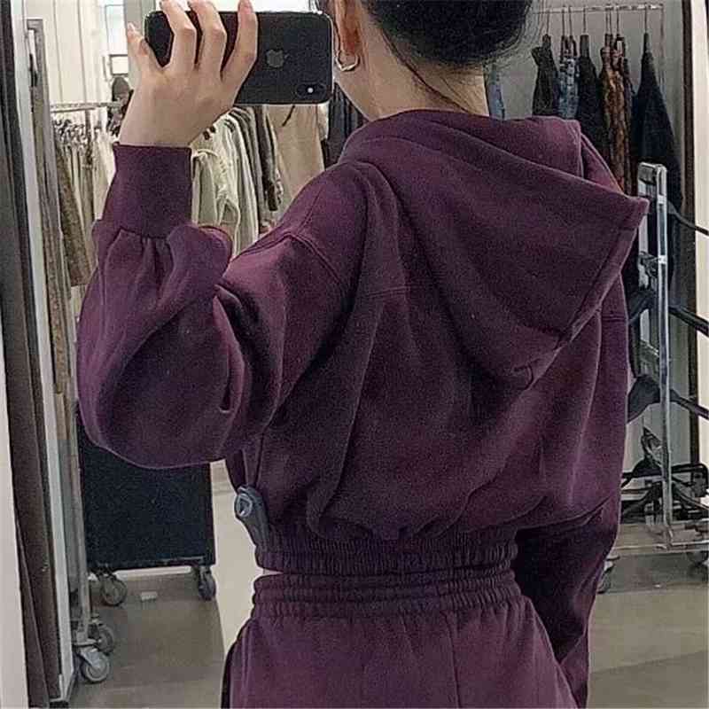 Causal Women Sport Purple Hoodies Fashion Ladies Solid Short Tops Streetwear Female Chic Elastic Waist Pullovers 210527