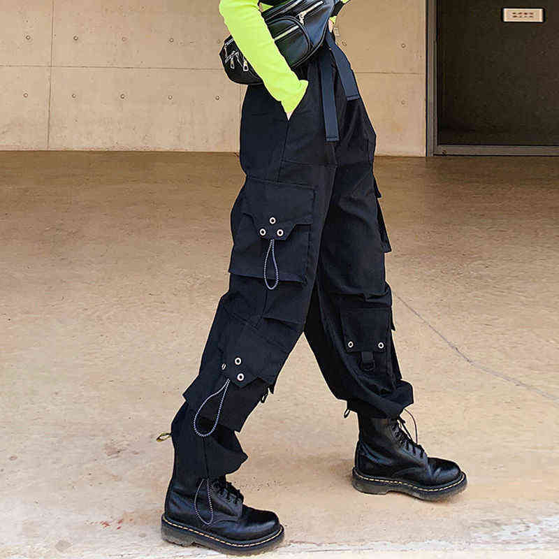 QWEEK Gothic Cargo Pants Women Korean Fashion Spring Harajuku Streetwear Oversized High Waisted Loose Trousers Female Goth 211124