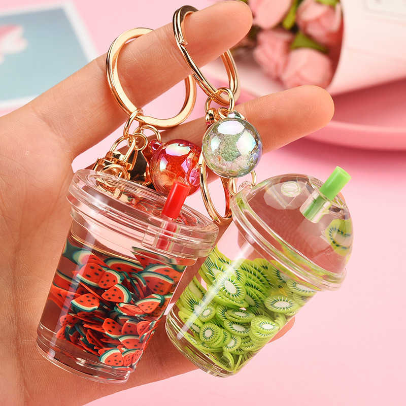 New Fashion Liquid Quicksand Keychain Cartoon Watermelon Pitaya Fruit Keyring for Women Men Flower Key Chains Gift R250728