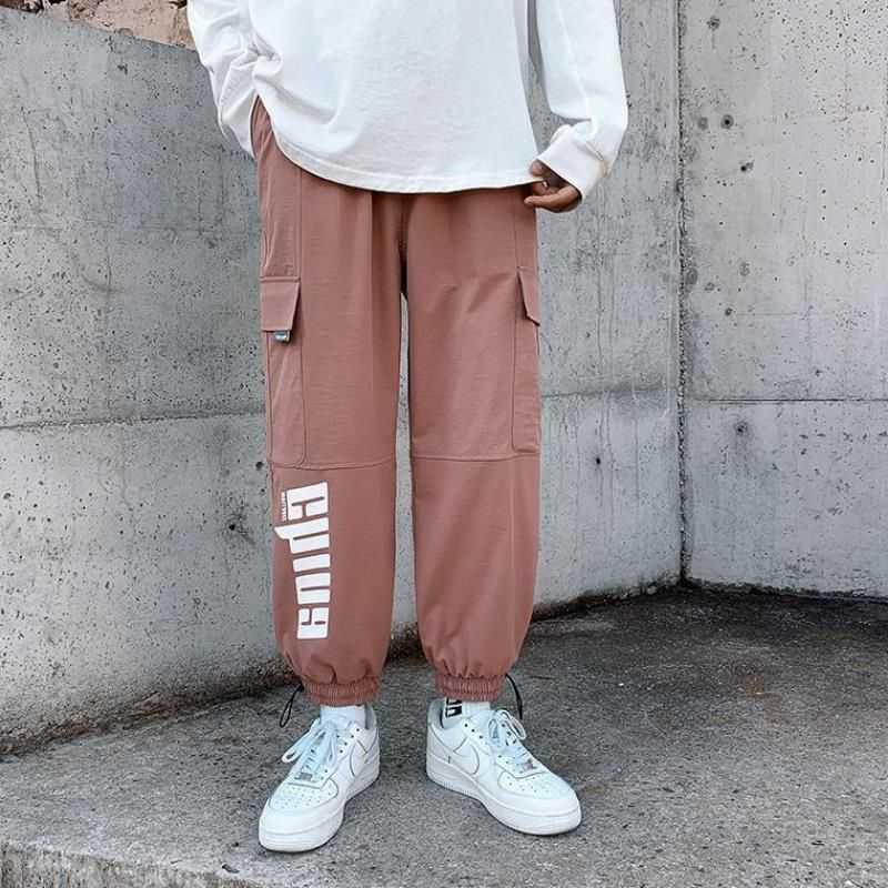 Techwear Cargo Pants for men women SS Korean loose straight ankle-length beam pants cool pink hip-hop casual sports trousers 210526