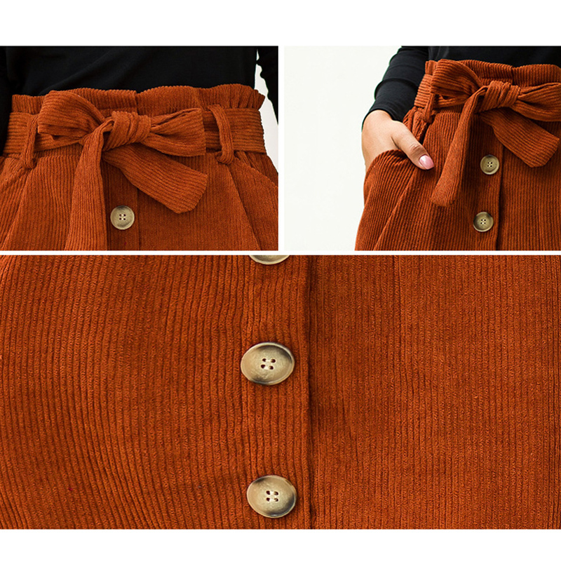 Autumn Winter Women Corduroy Skirts Fashion Elastic High Waist Bandage Belt Pocket Mini Skirts Casual Button Slim Aline Skirts 210306