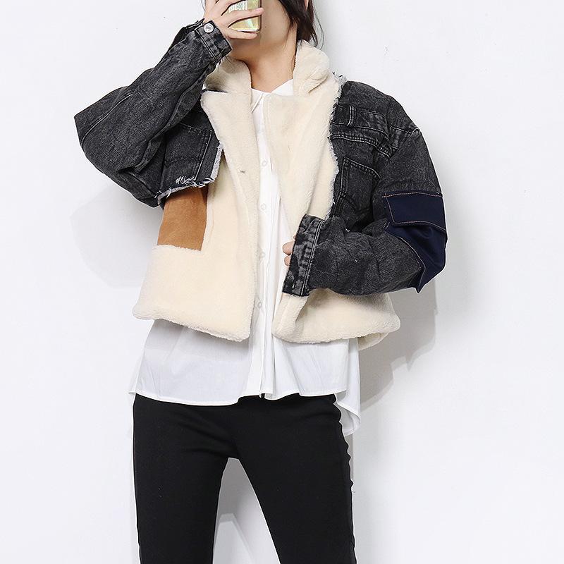 Women' Jackets 2021 Winter Women Patchowrk Lambswool Thickened Denim Jacket Lapel Long Sleeve Warm Coat Female Streetwear Jeans, Gray
Women' Jackets 2021 Winter Women Patchowrk Lambswool Thickened Denim Jacket Lapel Long Sleeve Warm Coat Female Streetwear Jeans, Gray