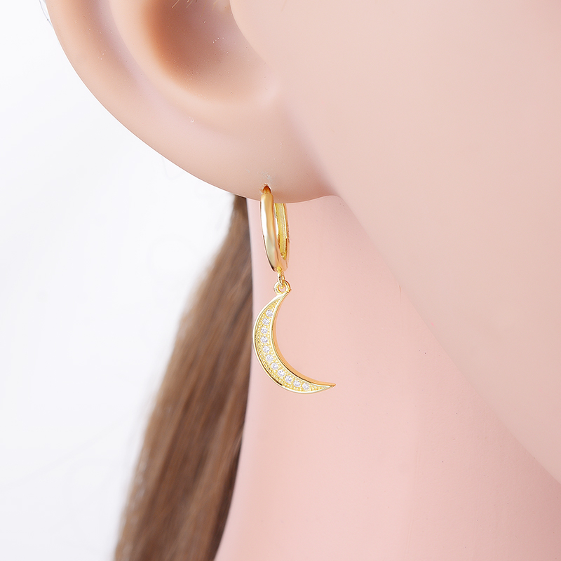 Authentic 100% 925 Sterling Silver Gold Color Moon Pendant Hoop Earring Women Fashion Luxury Zircon Round Loops Jewelry Piercing