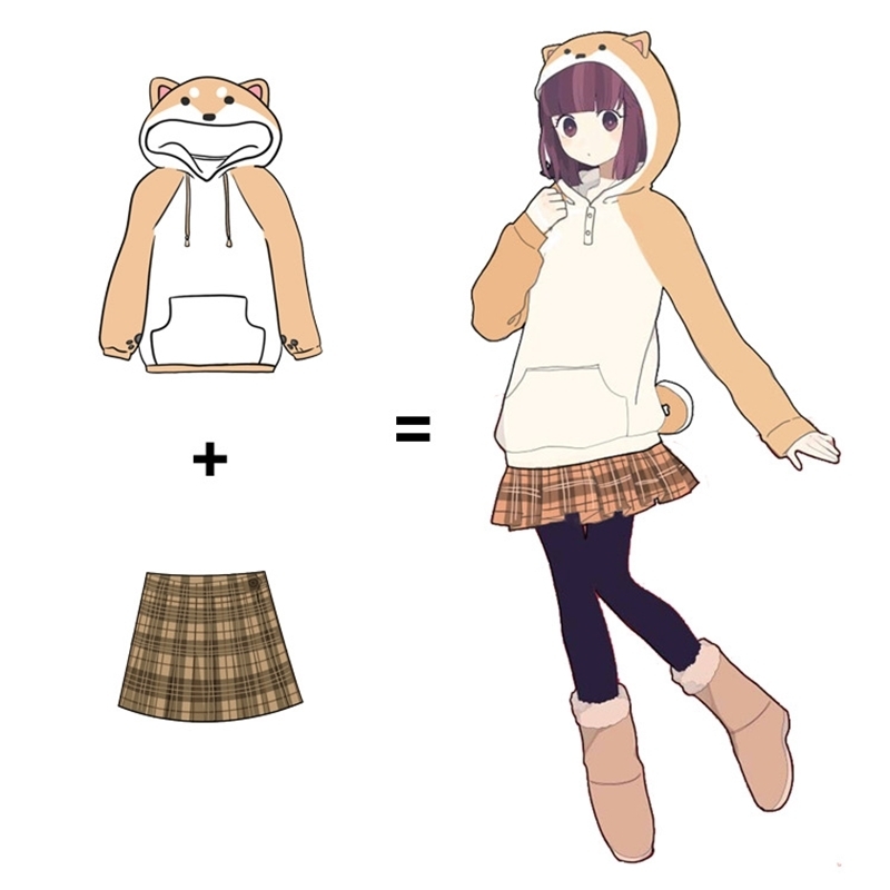 Shiba Inu Doge Kawaii lovely Velvet Long-sleeved Hooded Plush Coat Cartoon Anime Style Warm lady Winter Sweatshirt Christmas 201028