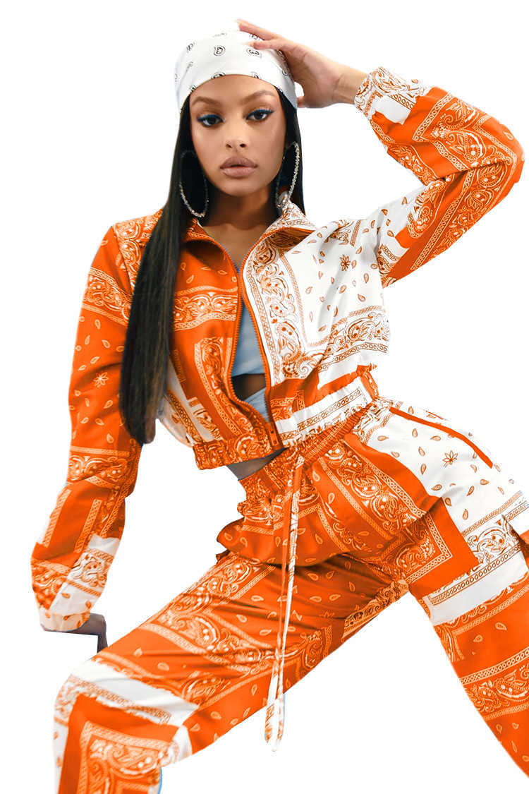 Paisley Bandana Print Two 2 Piece Set Women Fitness Sweatsuit Zipper Up Sweatshirt + Jogger Pants Set Tracksuit Vintage Outfits Y0625