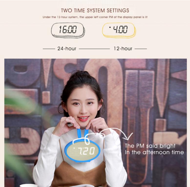 Cartoon Bunny Ears LED Wooden Digital Alarm Clock Voice Control Thermometer Display Blue
