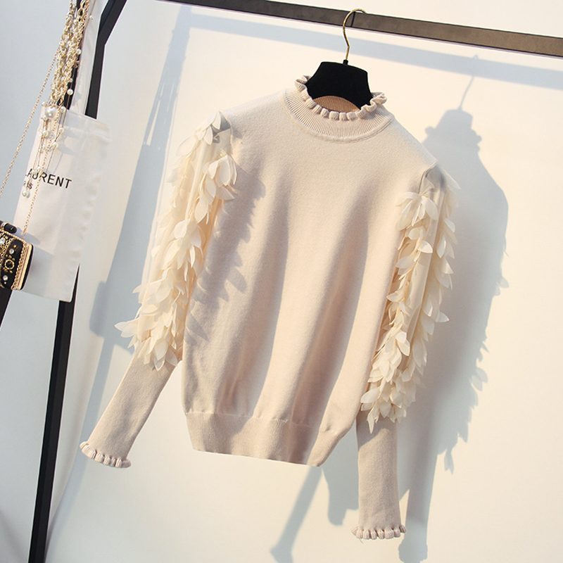 HLBCBG Ruffled Collar Knitted Women Sweater Spring Autumn Loose Jumper Fashion Flowers Sleeves Sweater and Pullover Femme Pull 210218