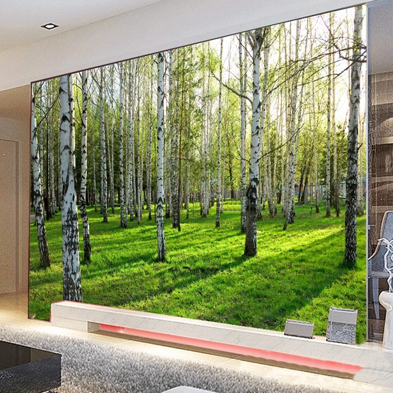 Custom 3D Three-dimensional Living Room Bedroom Sofa TV Background Green Birch Forest Photo Wallpape Waterproof