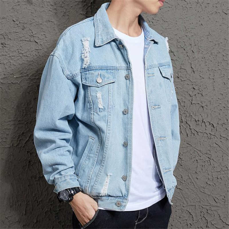 Cotton Solid Denim Jacket Mens Spring Autumn Casual Slim Fit Bomber Jackets Mens Hole Jean Jacket Mens Outwear Male Cowboy SH190902