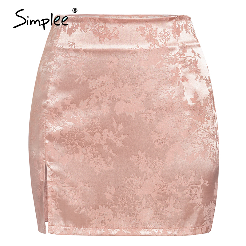 Simplee Satin high waist women summer skirt Sexy high split embroidery female short mini skirt Party club ladies mini skirt 210309