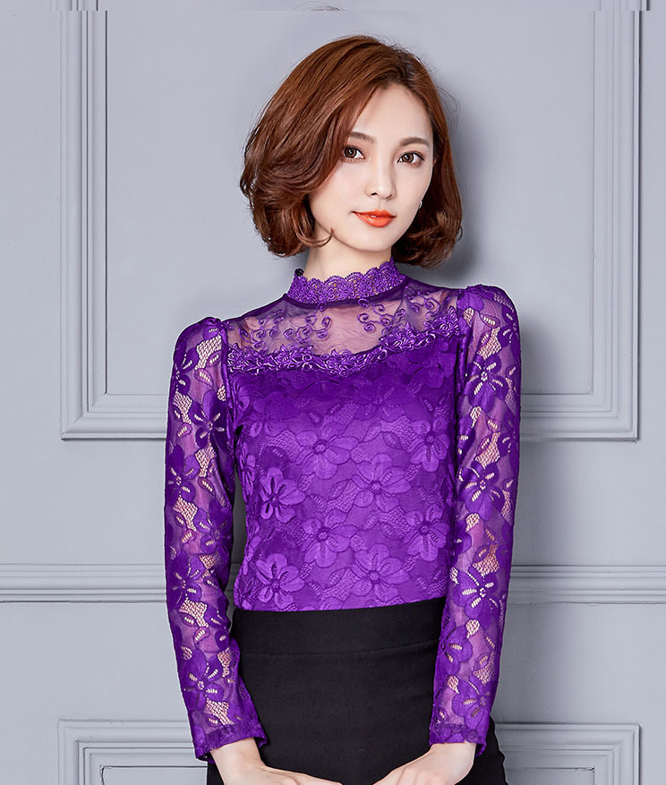Women Sexy Hollow Out Chiffon Lace Blouse Long Sleeve Stand Collar Floral Lace Shirt Tops Casual Women clothing Blusas 210225