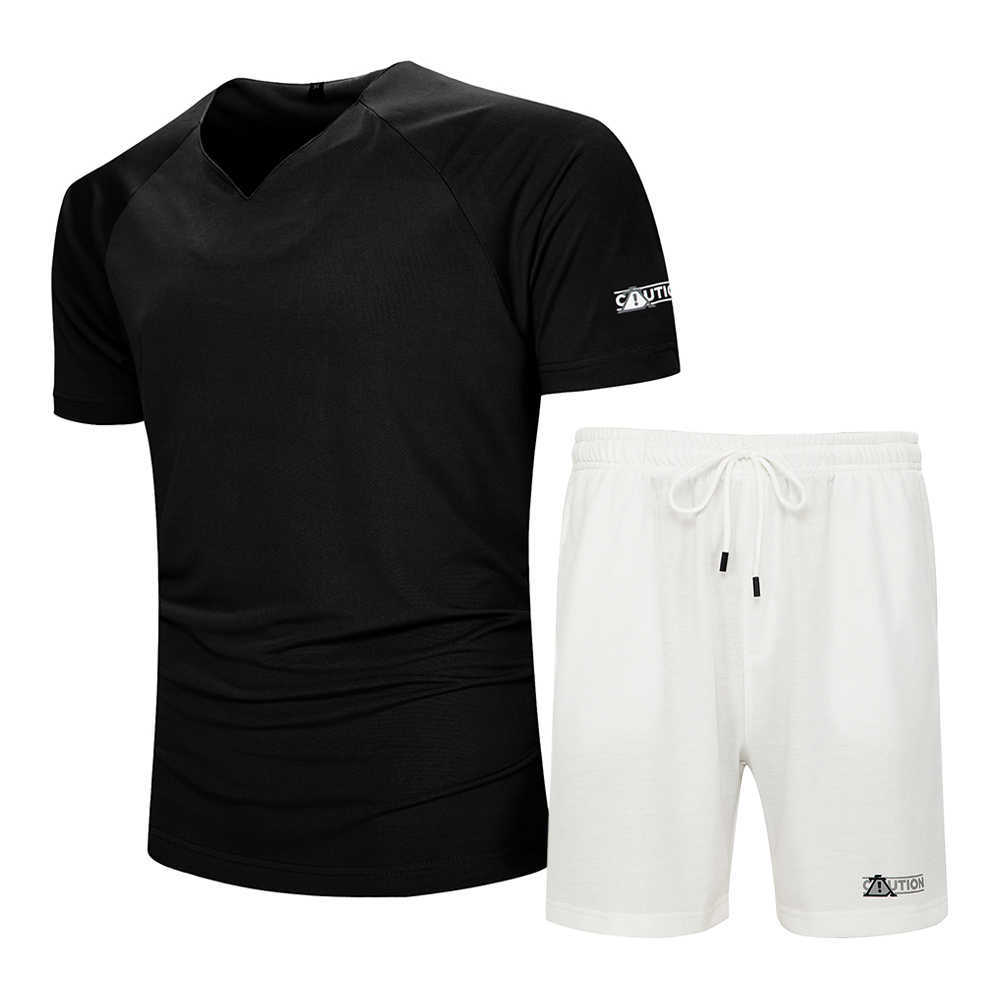 Men Tracksuits Summer Casual Short Sleeve Print Sportswear V-neck T-Shirt+Shorts 2PC Sets Fashion Male Clothes Slim Sports Suits 210603