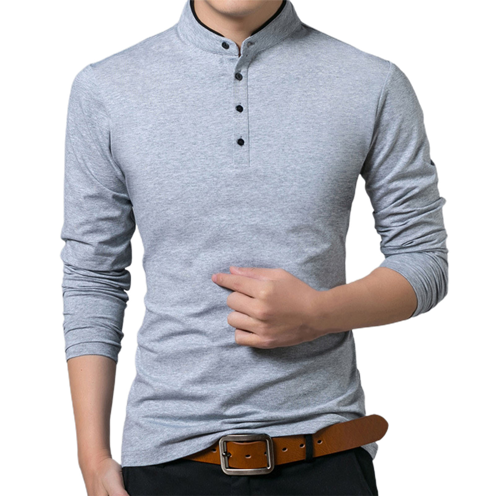 Men Autumn Casual Elegant Work Shirt Solid Color Long Sleeve Stand Collar Base T-shirt Buttons Sweatshirt Plus Size Shirts 4XL