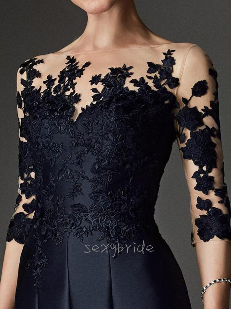 Elegant Dark Navy Short Mother Of The Bride Dresses A Line Sheer Lace Neck 3/4 Long Sleeve Tea Length Wedding Guest Party Dress Formal Wear