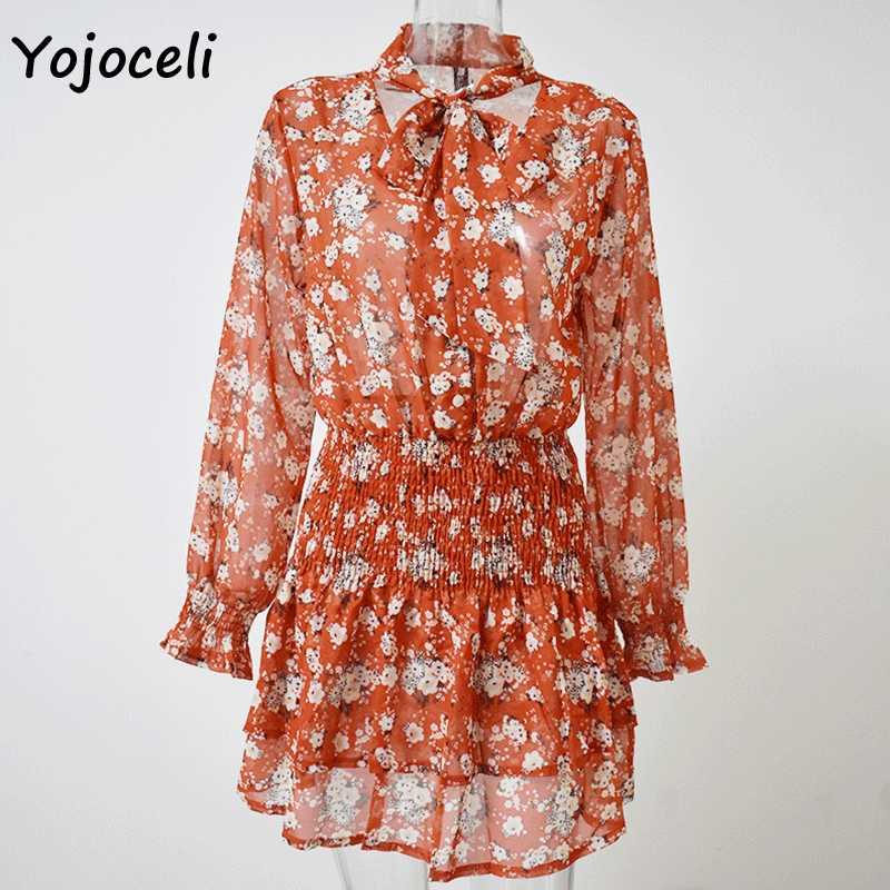Yojoceli floral print v neck bow dres spring shirred boho beach mini 210609