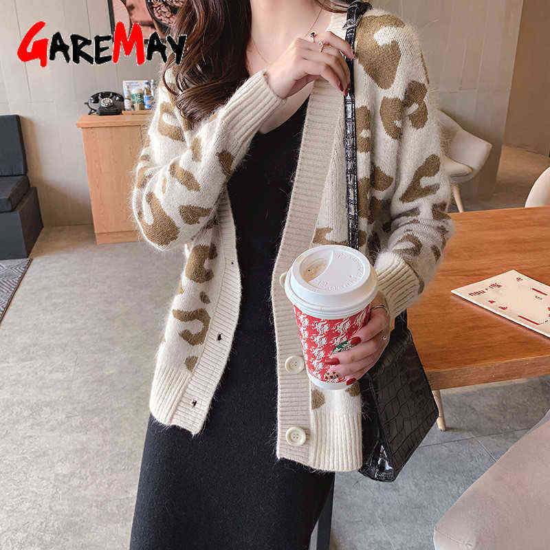 Autumn Winter Knitted Leopard Sweaters Women Korean V Neck Thick Print Cardigan Coat Loose Button Outwear Tops 211109