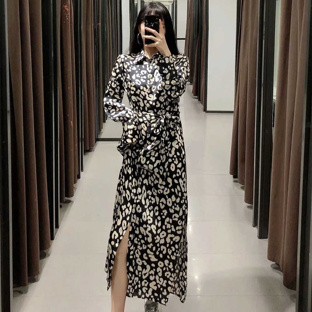 Women Dress Printed Collared Belted Elegant Fashion Casual Midi Woman Dresses Femme Robe Ropa Mujer Vestidos 210709