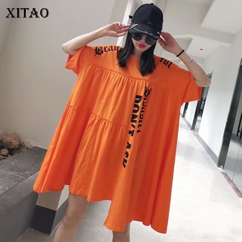 XITAO Plus Size Irregular Letter Pleated T Shirt Women Clothes Summer New Fashion Loose Pullover Match All Long Tee DMY4122 210310