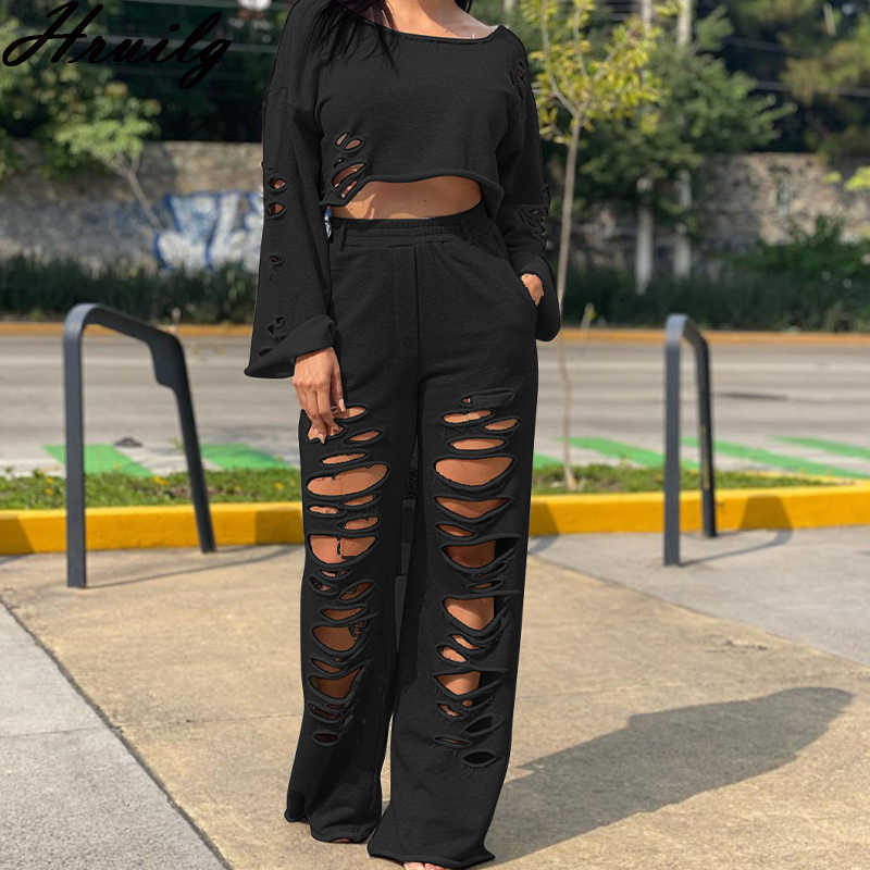 Clothes for Women Long Sleeve Solid Color Crop Top&long Pants Hole Pocket Casual 2 Piece Outfits for Women Streetwear 2 Pc 211007