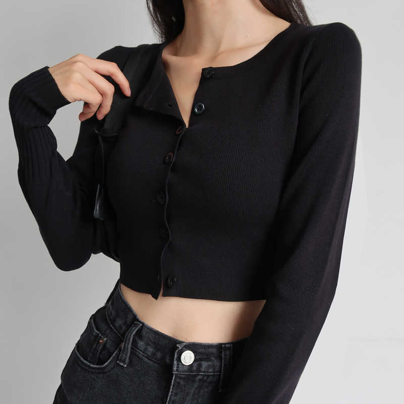 WOMENGAGA American Slim Round Neck Solid Color Single-breasted High Waist Full Sleeve Knitted Bottoming Cardigan Sweater DNKJ 210603