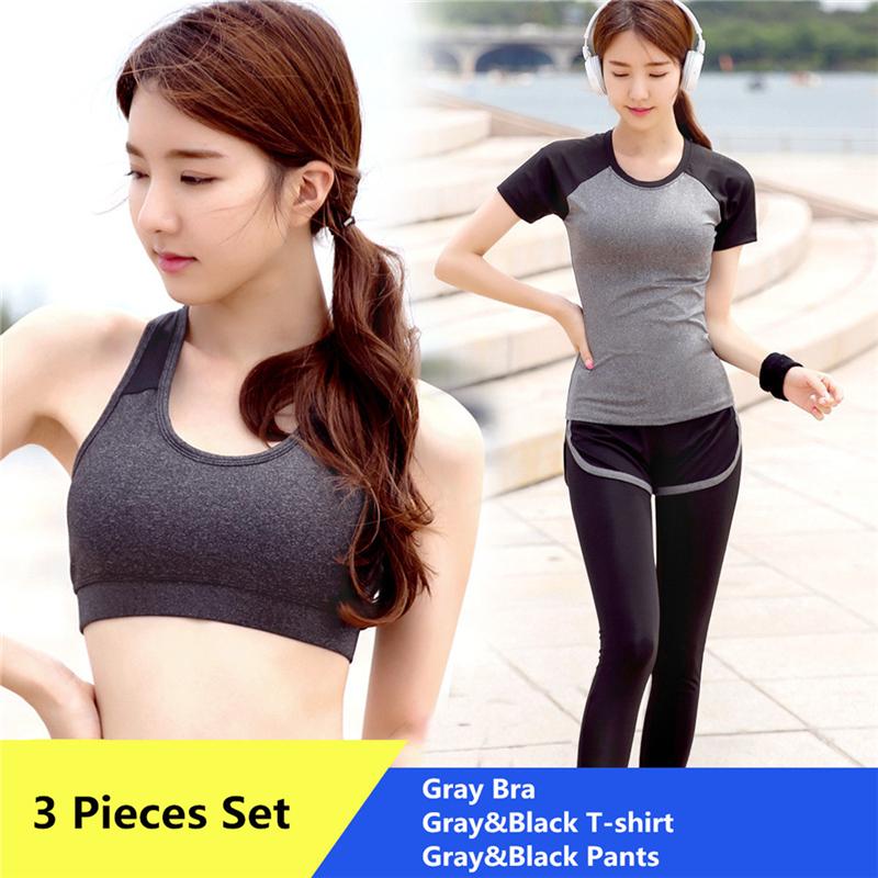 Women 3 Pieces Yoga Set Grey/Black Patchwork T-shirt & Bra & Pants Quick Dry Girls Gray Sportswear Gym Running Female Outwear, As the picture
Women 3 Pieces Yoga Set Grey/Black Patchwork T-shirt & Bra & Pants Quick Dry Girls Gray Sportswear Gym Running Female Outwear, As the picture