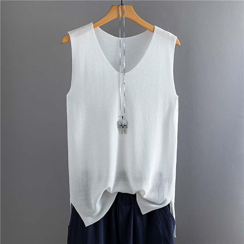 Top Women Summer Sleeveless Knit Sexy Tank Rib Vest Female Elasticity Casual Loose Plus Size Camisole V Neck Split Tops 210308