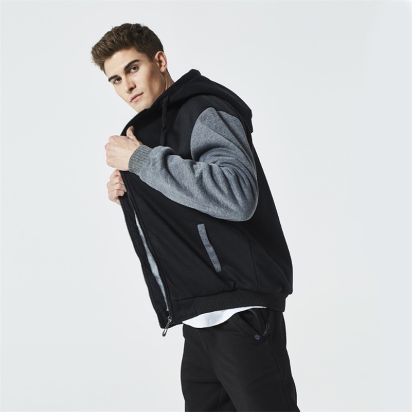 Men Zipper Hoodies Jacket Men Winter Warm Coat Fur Lined Fleece Hoodies Male Hooded Sweatshirt Colorblock Jackets for Men 201127
