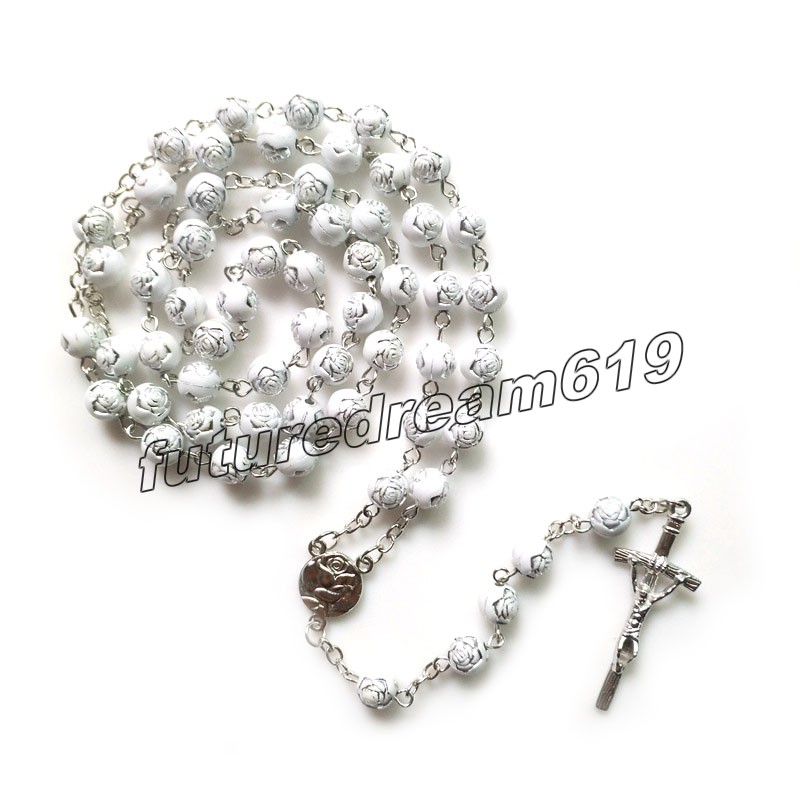White Plastic Rose Rosary Neckalce Long Beads Strand Cross Pendant Religious Jewelry
White Plastic Rose Rosary Neckalce Long Beads Strand Cross Pendant Religious Jewelry