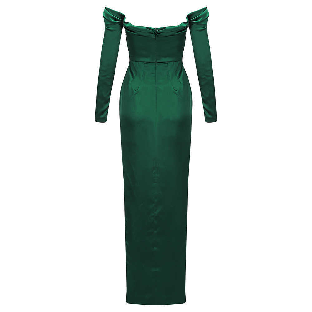 Women'S Sexy Wedding Banquet Dress Elegant Off-Shoulder Split Corset Satin Long Birthday Green Draped 210525