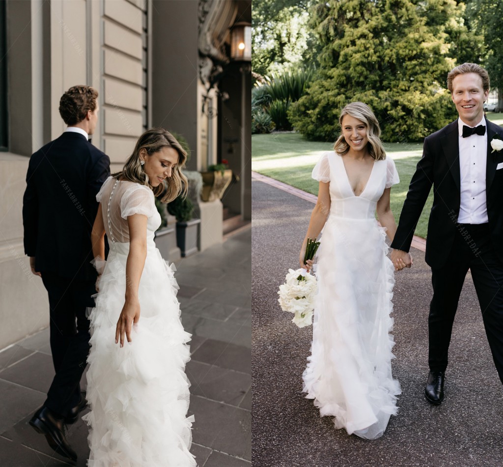 Bohemian Country Wedding Dresses with Cap Sleeve 2022 V-neck Handmade Butterfly Outdoor Beach Pleats Bridal Gowns