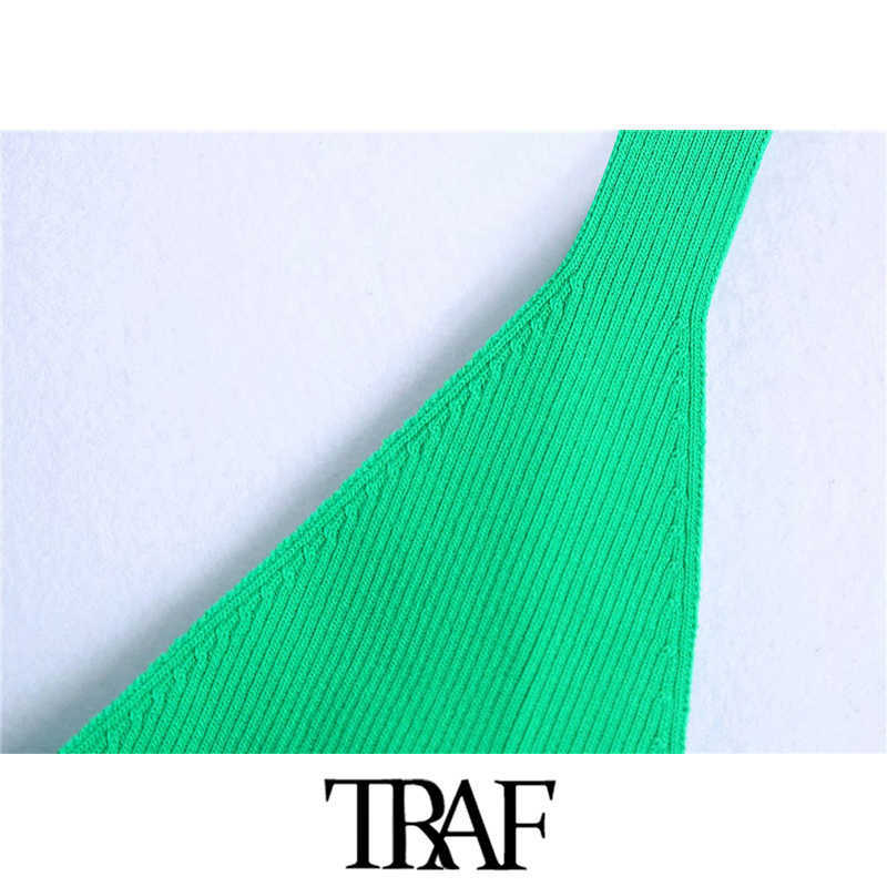 TRAF Women Fashion Ribbed Knit Crop Tank Tops Vintage V Neck Wide Straps Female Camis Mujer 210625