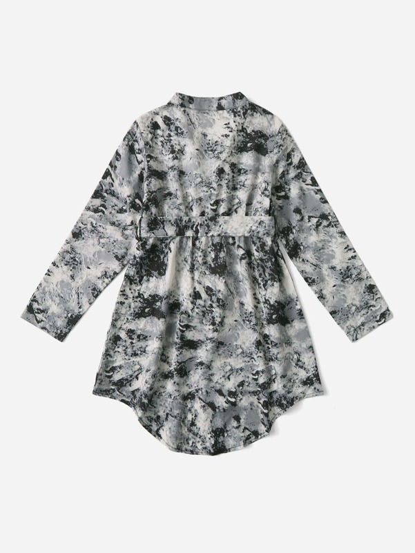 Girls All Over Print Notched Neck High Low Hem Belted Dress SHE