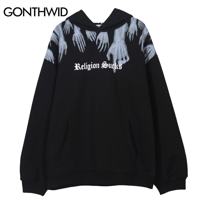 GONTHWID Hands Religion Sucks Print Fleece Hooded Sweatshirts Hoodies Hip Hop Punk Rock Streetwear Casual Tops Hipster Hoodie 201103