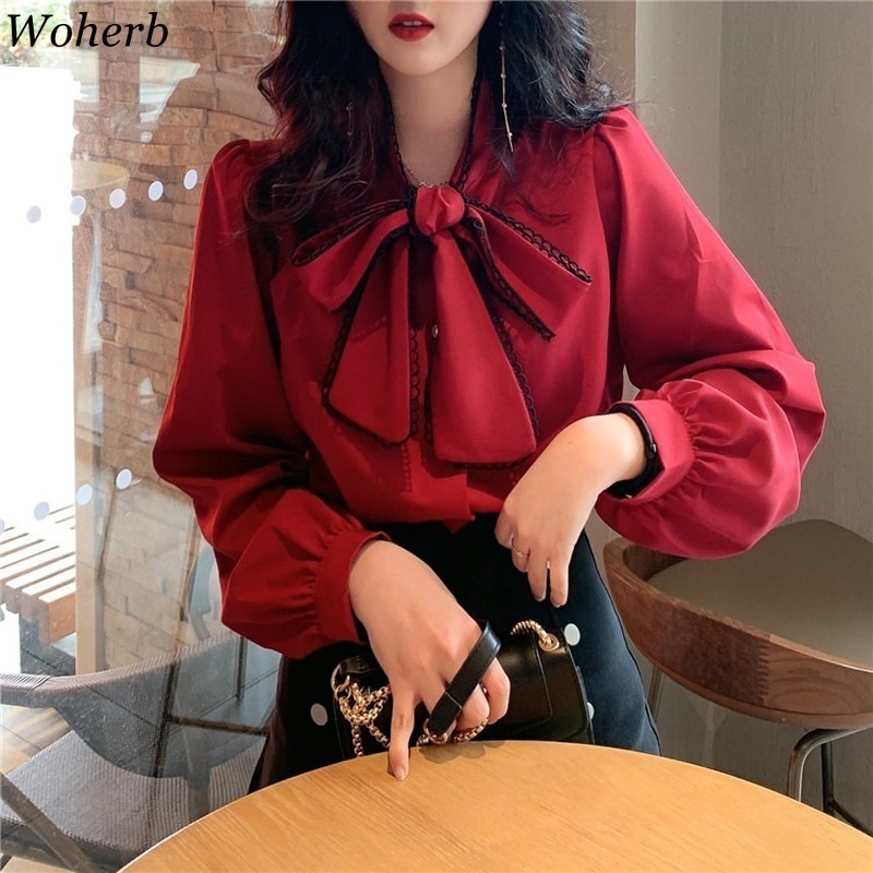 Woherb Women Long Sleeve Shirts White Blouses Vintage Korean Spring Sweet Bow Loose Ladies Blouse Office Lady Sweet 92066 220407