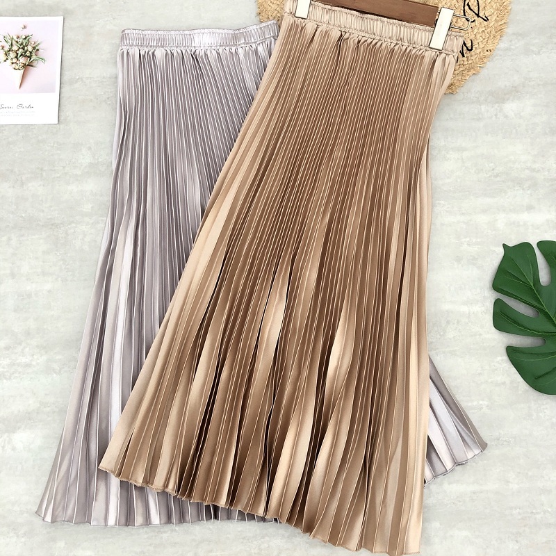 Spring Women Midi Skirts Metallic Color Shiny Pleated Skirt Solid Color Silver Gold Long Skirt Satin Femme Jupe Office Lady 210306