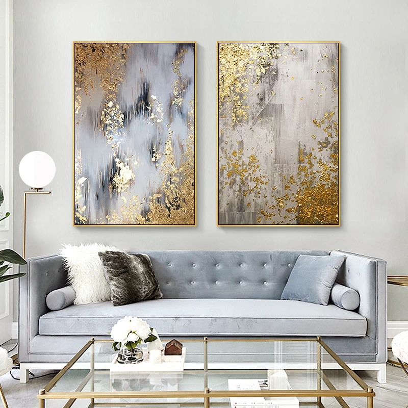 Living Room Golden Oil Painting, Abstract Mural Print Image, Golden Tree Wall Art Picture for Living Room Home Decoration