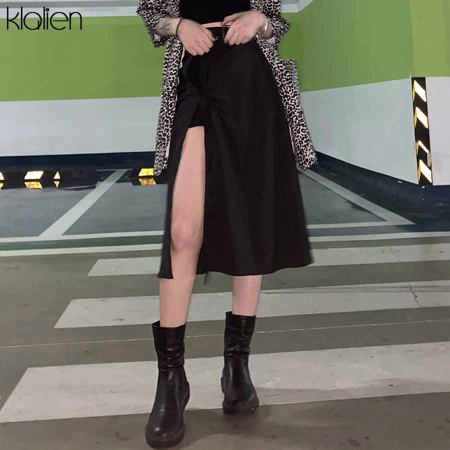 KLALIEN Fashion High Waist Black Midi Skirt Women summer streetwear casual split Hem Asymmetric long Skirt ladies new 210309
